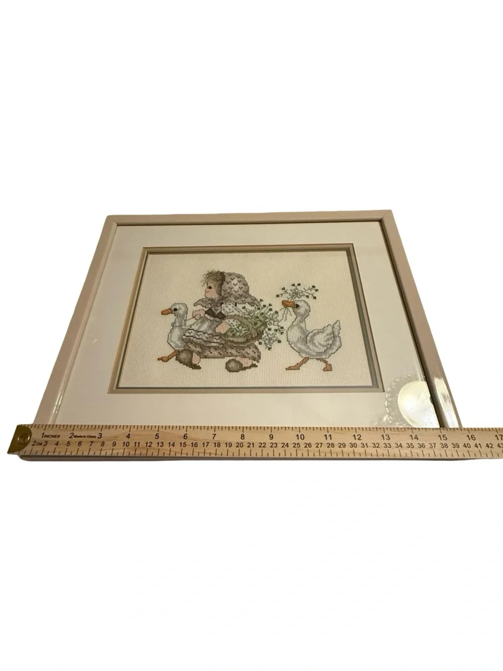 Vintage Cottagecore Goose Cross Stitch Framed Wall Art Grandmillenial Prairie